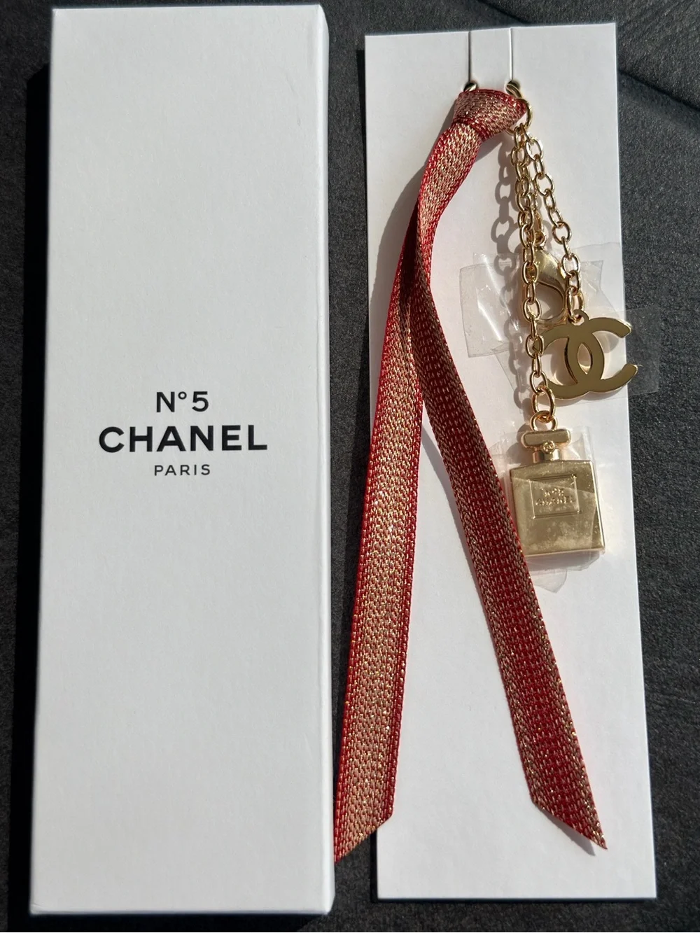 New CHANEL Novelty Gold CC & Perfume Bottle Charm with Red Ribbon
